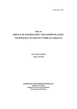 Impact of Information and Communication Technology on Decent Work in Pakistan” Is Threefold: I