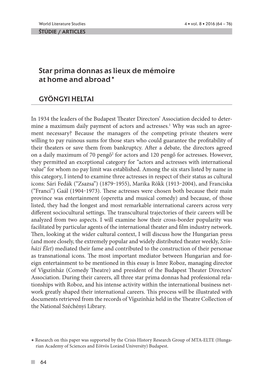 Star Prima Donnas As Lieux De Mémoire at Home and Abroad*