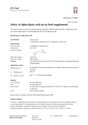 Safety of Alpha-Lipoic Acid Use in Food Supplements