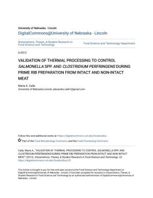 Validation of Thermal Processing to Control Salmonella Spp. and Clostridium Perfringens During Prime Rib Preparation from Intact and Non-Intact Meat
