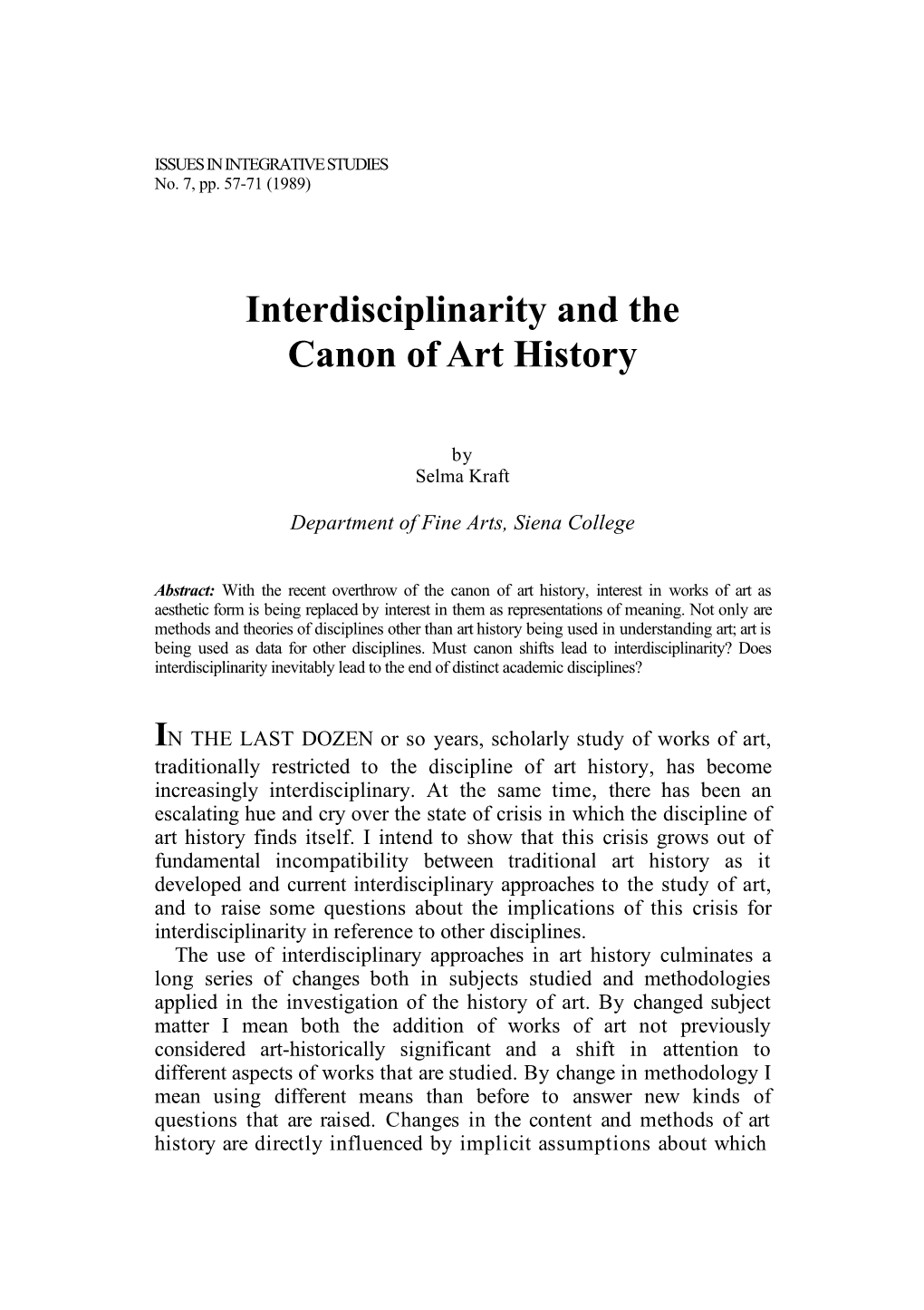 Interdisciplinarity and the Canon of Art History