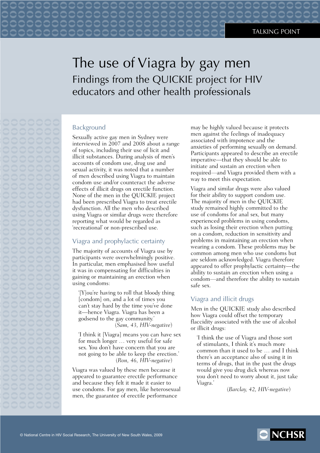 The Use of Viagra by Gay Men Findings from the QUICKIE Project for HIV Educators and Other Health Professionals