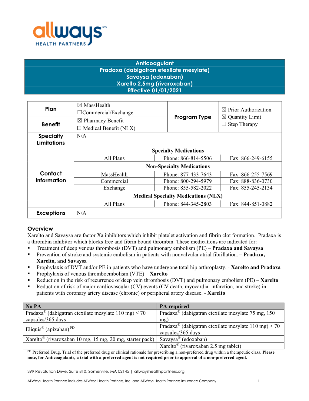 Anticoagulant Pradaxa (Dabigatran Etexilate Mesylate) Savaysa (Edoxaban) Xarelto 2.5Mg (Rivaroxaban) Effective 01/01/2021