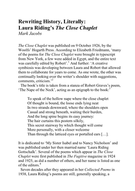 Rewriting History, Literally: Laura Riding's the Close Chaplet