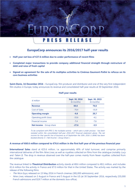 Europacorp Announces Its 2016/2017 Half-Year Results