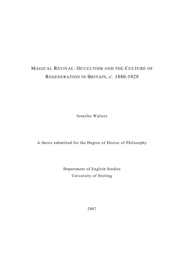 Magical Revival: Occultism and the Culture of Regeneration in Britain, C