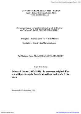 Edouard Lucas (1842-1891) : Le Parcours Original D'un Scientifique Français Dans La Deuxième Moitié Du Xixe Siècle