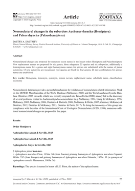 Nomenclatural Changes in the Suborders Auchenorrhyncha (Hemiptera) and Paleorrhyncha (Palaeohemiptera)