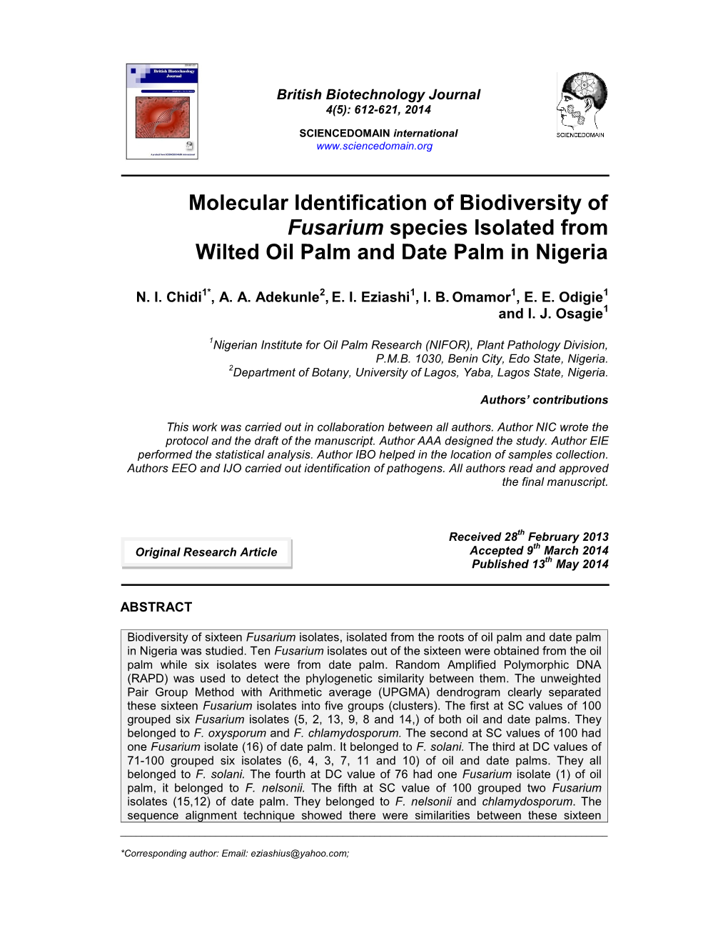 Molecular Identification Of Biodiversity Of Fusarium Species Isolated ...