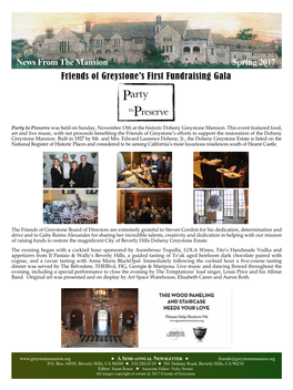 News from the Mansion Spring 2017 Friends of Greystone's First Fundraising Gala