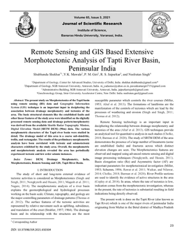 Remote Sensing and GIS Based Extensive Morphotectonic Analysis of Tapti River Basin, Peninsular India Shubhendu Shekhar*1, Y.K