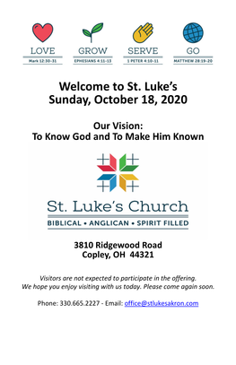 Welcome to St. Luke's Sunday, October 18, 2020