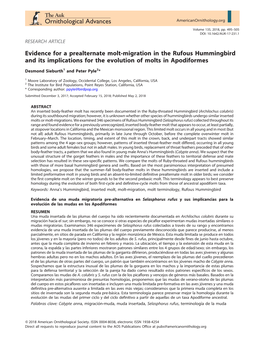 Evidence for a Prealternate Molt-Migration in the Rufous Hummingbird and Its Implications for the Evolution of Molts in Apodiformes