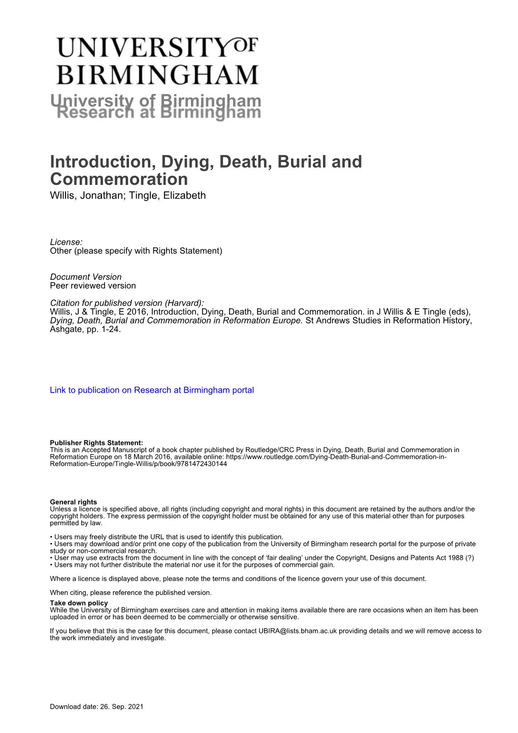 University of Birmingham Introduction, Dying, Death, Burial and Commemoration