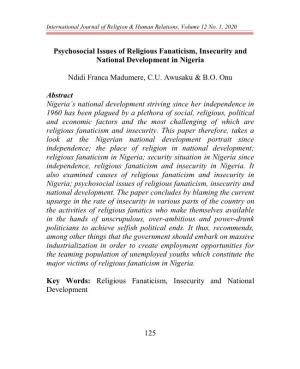 125 Psychosocial Issues of Religious Fanaticism, Insecurity and National