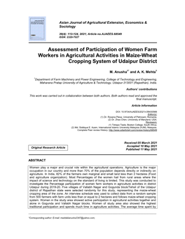 Assessment of Participation of Women Farm Workers in Agricultural Activities in Maize-Wheat Cropping System of Udaipur District