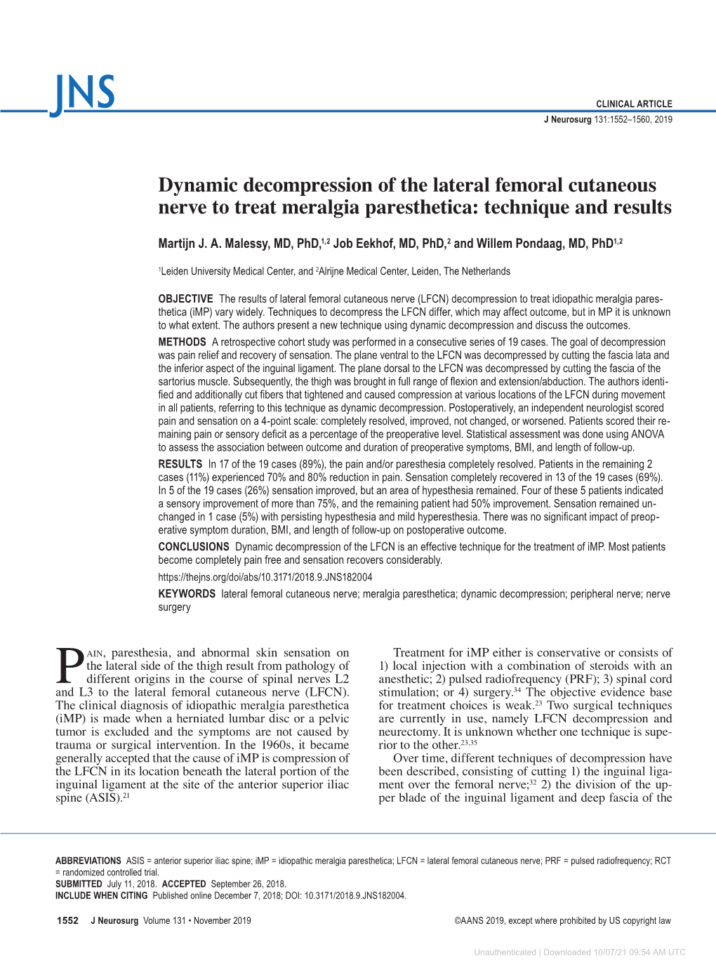 Dynamic Decompression Of The Lateral Femoral Cutaneous Nerve To Treat Meralgia Paresthetica 1817