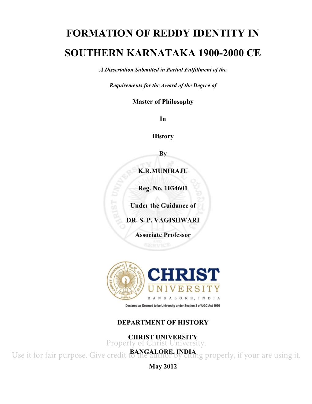 Formation of Reddy Identity in Southern Karnataka 1900-2000 Ce