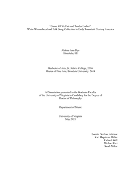 “Come All Ye Fair and Tender Ladies”: White Womanhood and Folk Song Collection in Early Twentieth Century America