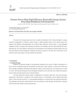 Osmotic Power Plant High Efficiency Renewable Energy System D.Govarthan, R.Kathiresan, K.Eswaramoorthy*