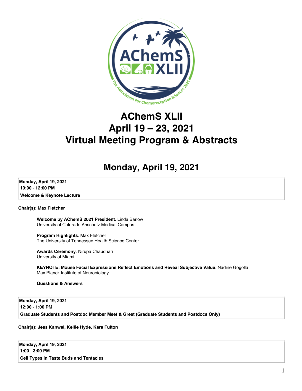 Achems XLII April 19 – 23, 2021 Virtual Meeting Program & Abstracts