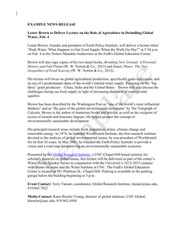 EXAMPLE NEWS RELEASE Lester Brown to Deliver Lecture on The