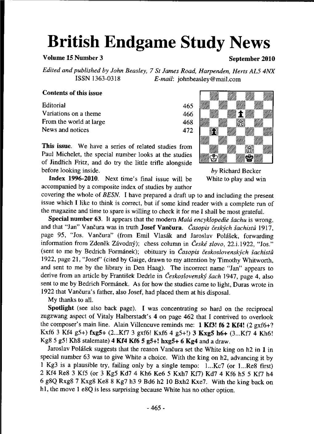 British Endgame Study News Volume 15 Number 3 Septernber 2010