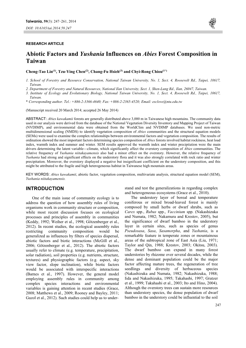 Abiotic Factors and Yushania Influences on Abies Forest Composition in Taiwan