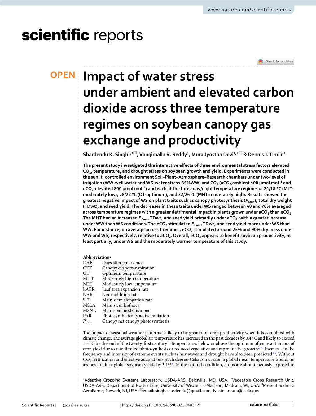 Impact of Water Stress Under Ambient and Elevated Carbon Dioxide Across Three Temperature Regimes on Soybean Canopy Gas Exchange and Productivity Shardendu K