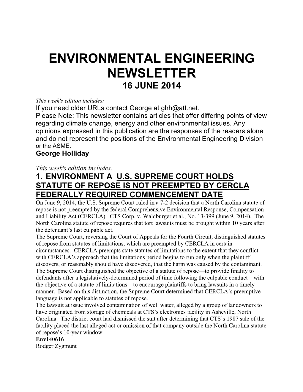 Environmental Engineering Newsletter 16 June 2014
