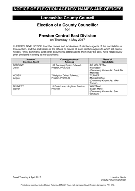 NOTICE of ELECTION AGENTS' NAMES and OFFICES Lancashire