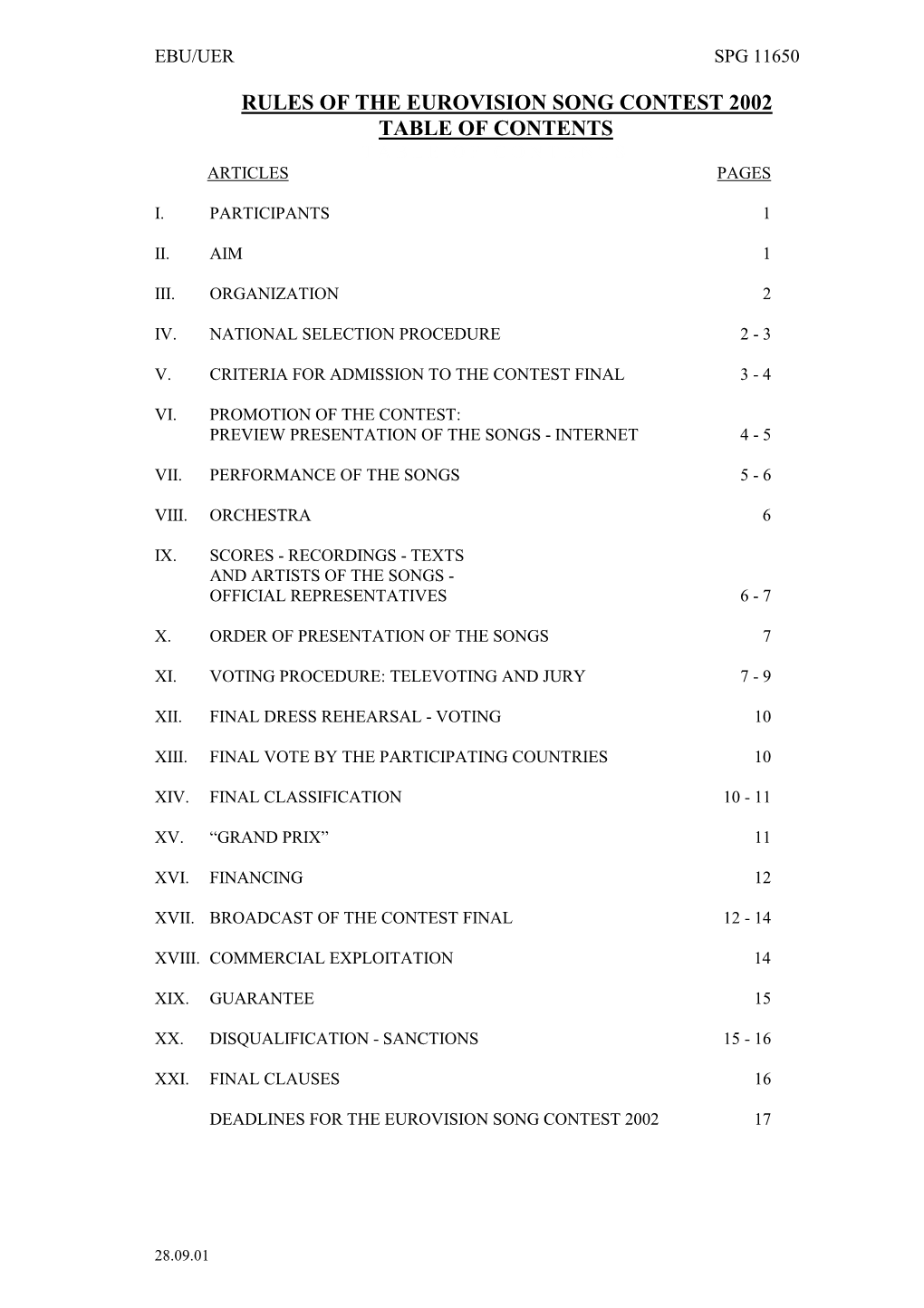 Rules of the Eurovision Song Contest 2002 Table of Contents Table of Contents Articles Pages