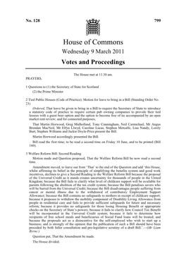 House of Commons Wednesday 9 March 2011 Votes and Proceedings