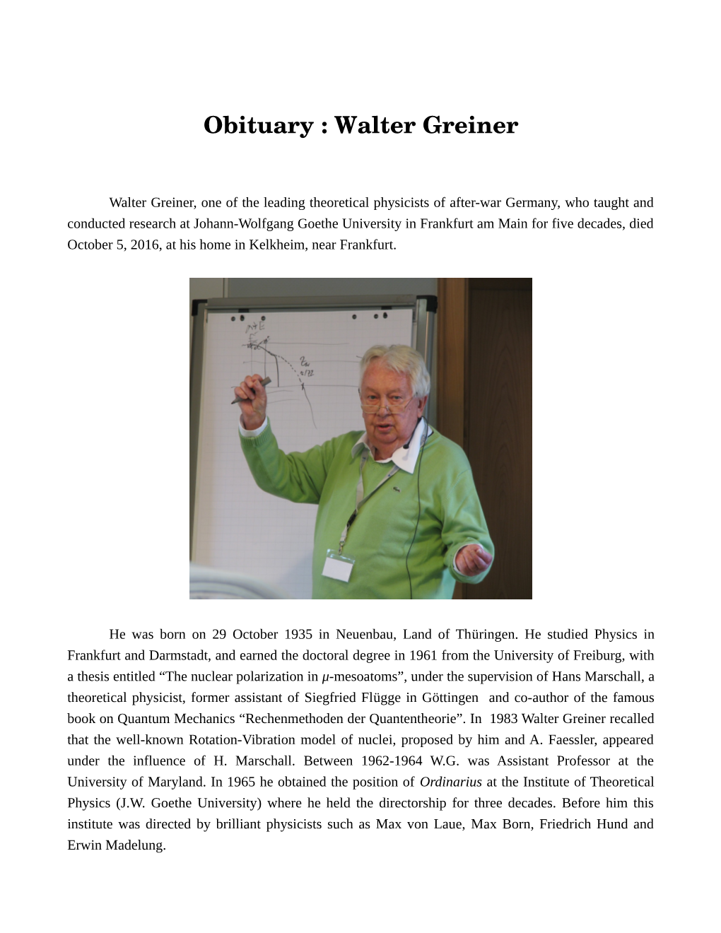 Obituary : Walter Greiner