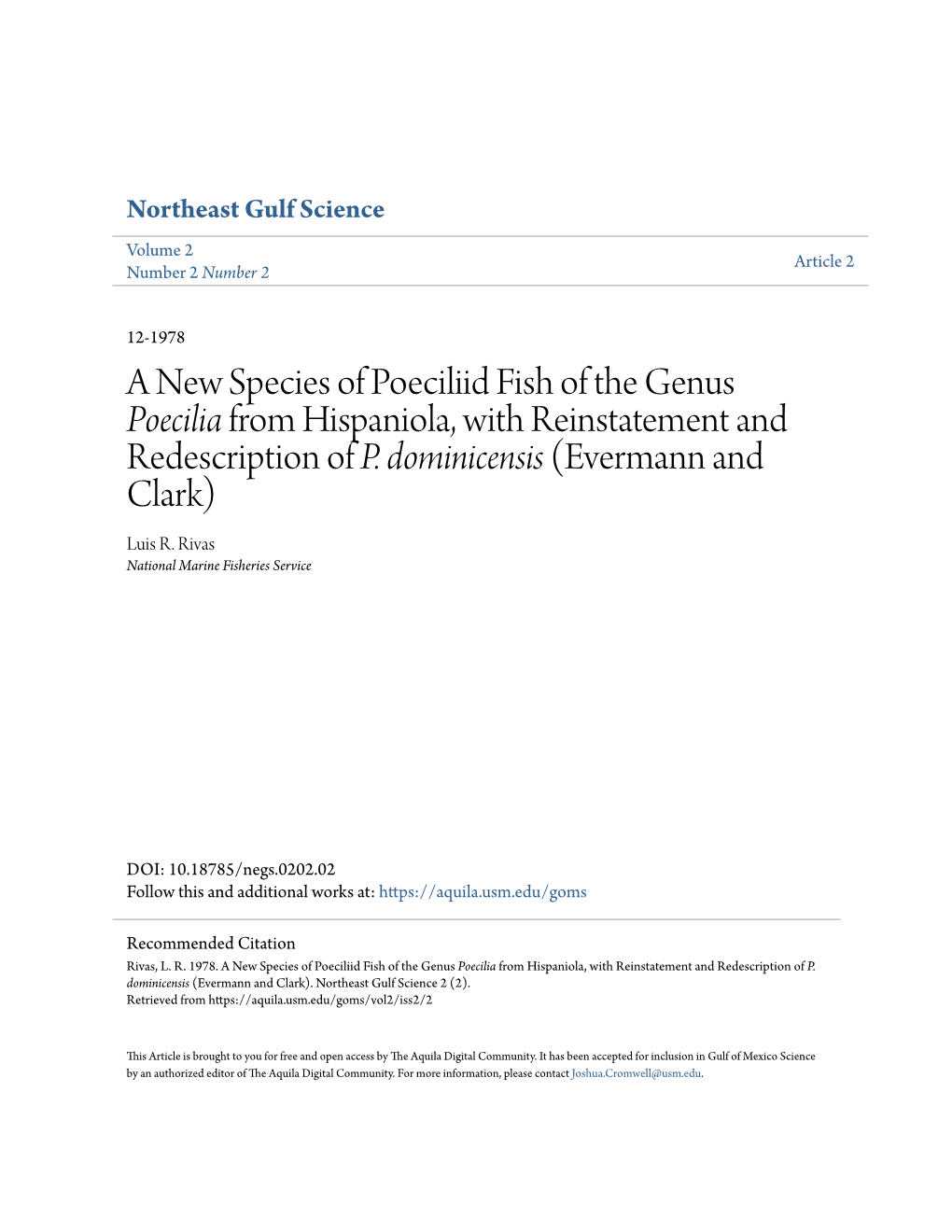 A New Species of Poeciliid Fish of the Genus Poecilia from Hispaniola, with Reinstatement and Redescription of P