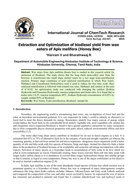 Extraction and Optimization of Biodiesel Yield from Wax Esters of Apis Melifera (Honey Bee) *Hariram V and Bharathwaaj R