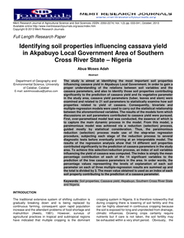 Identifying Soil Properties Influencing Cassava Yield in Akpabuyo Local Government Area O F Southern Cross River State – Nigeria