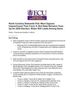 North Carolina Statewide Poll: More Oppose Impeachment Than Favor It, but State Remains Toss- up for 2020 Election