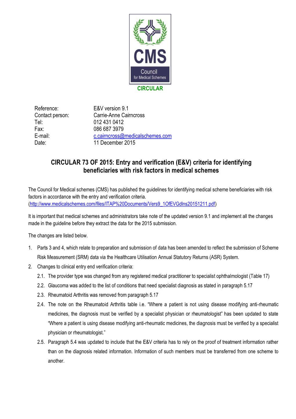 CIRCULAR 73 of 2015: Entry and Verification (E&V) Criteria for Identifying Beneficiaries with Risk Factors in Medical Scheme