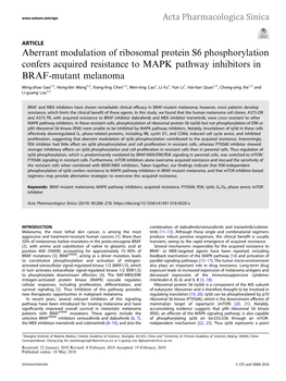 Aberrant Modulation of Ribosomal Protein S6 Phosphorylation Confers Acquired Resistance to MAPK Pathway Inhibitors in BRAF-Mutant Melanoma