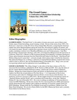 The Grand Game: a Celebration of Sherlockian Scholarship Volume One: 1902–1959