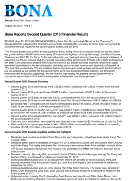 Bona Reports Second Quarter 2013 Financial Results