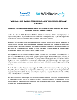 Wildbrain Cplg Is Appointed Licensing Agent in Iberia and Germany for Sanrio