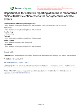 Opportunities for Selective Reporting of Harms in Randomized Clinical Trials: Selection Criteria for Nonsystematic Adverse Events