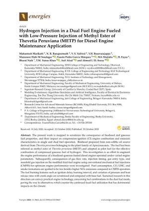 Hydrogen Injection in a Dual Fuel Engine Fueled with Low-Pressure Injection of Methyl Ester of Thevetia Peruviana (METP) for Diesel Engine Maintenance Application