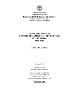 Tennessee Society Sons of the American Revolution Applications 1899-1980