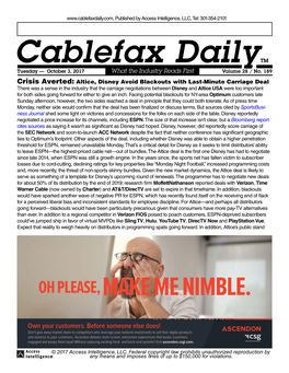 Cablefax Dailytm Tuesday — October 3, 2017 What the Industry Reads First Volume 28 / No