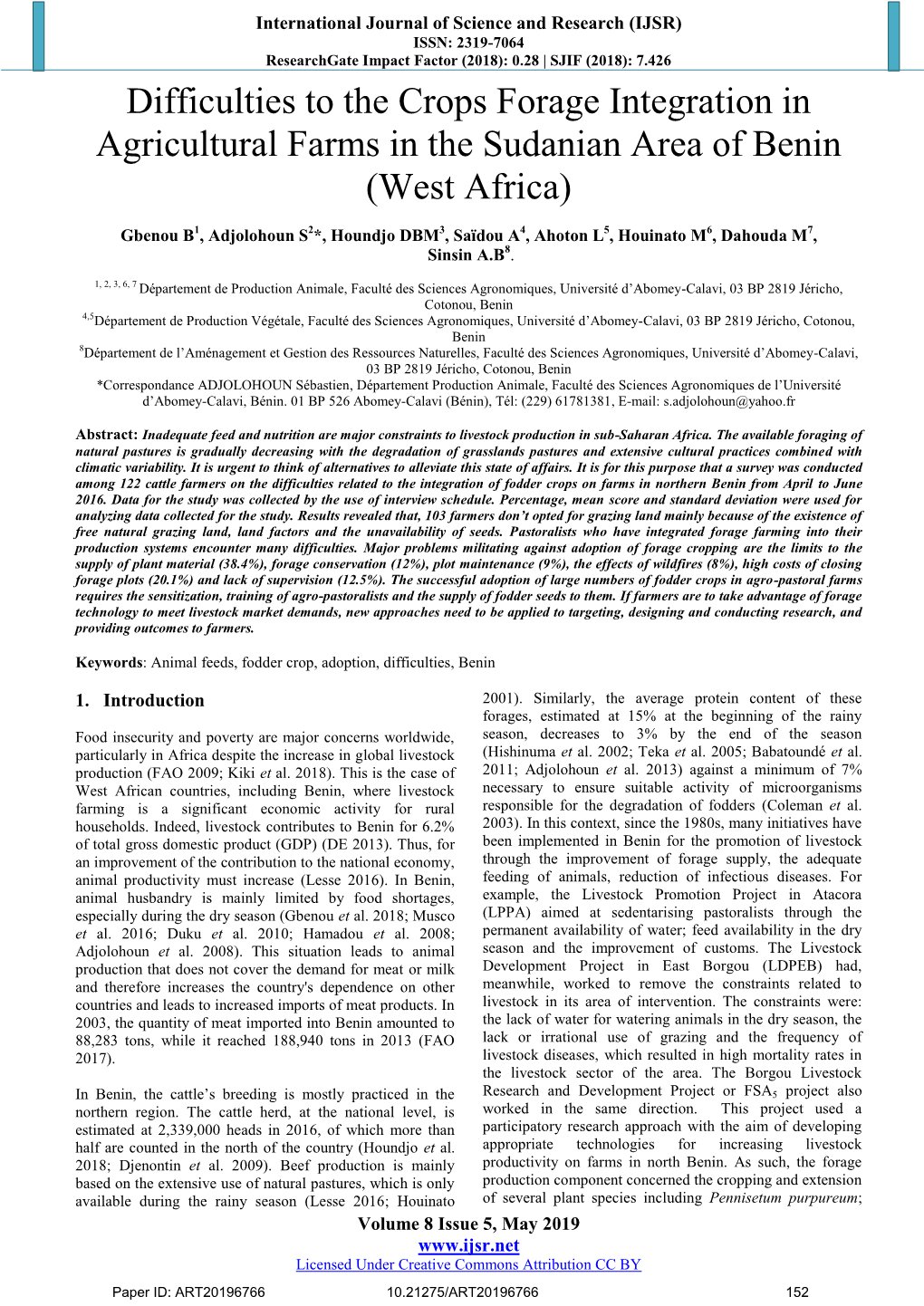 Difficulties to the Crops Forage Integration in Agricultural Farms in the Sudanian Area of Benin (West Africa)