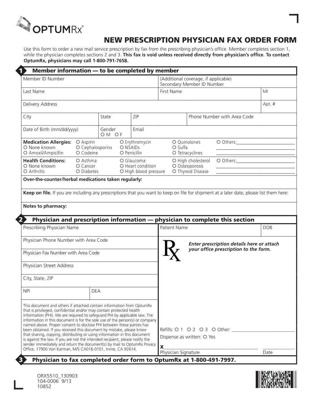 NEW PRESCRIPTION PHYSICIAN FAX ORDER FORM Use This Form to Order a New Mail Service Prescription by Fax from the Prescribing Physician’S Ofﬁce