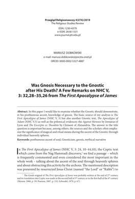 Was Gnosis Necessary to the Gnostic After His Death? a Few Remarks on NHC V, 3: 32,28–35,26 from the First Apocalypse of James